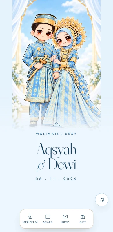 Tangkapan layar undangan Aqsyah dan Dewi dengan ilustrasi pasangan dan latar biru langit